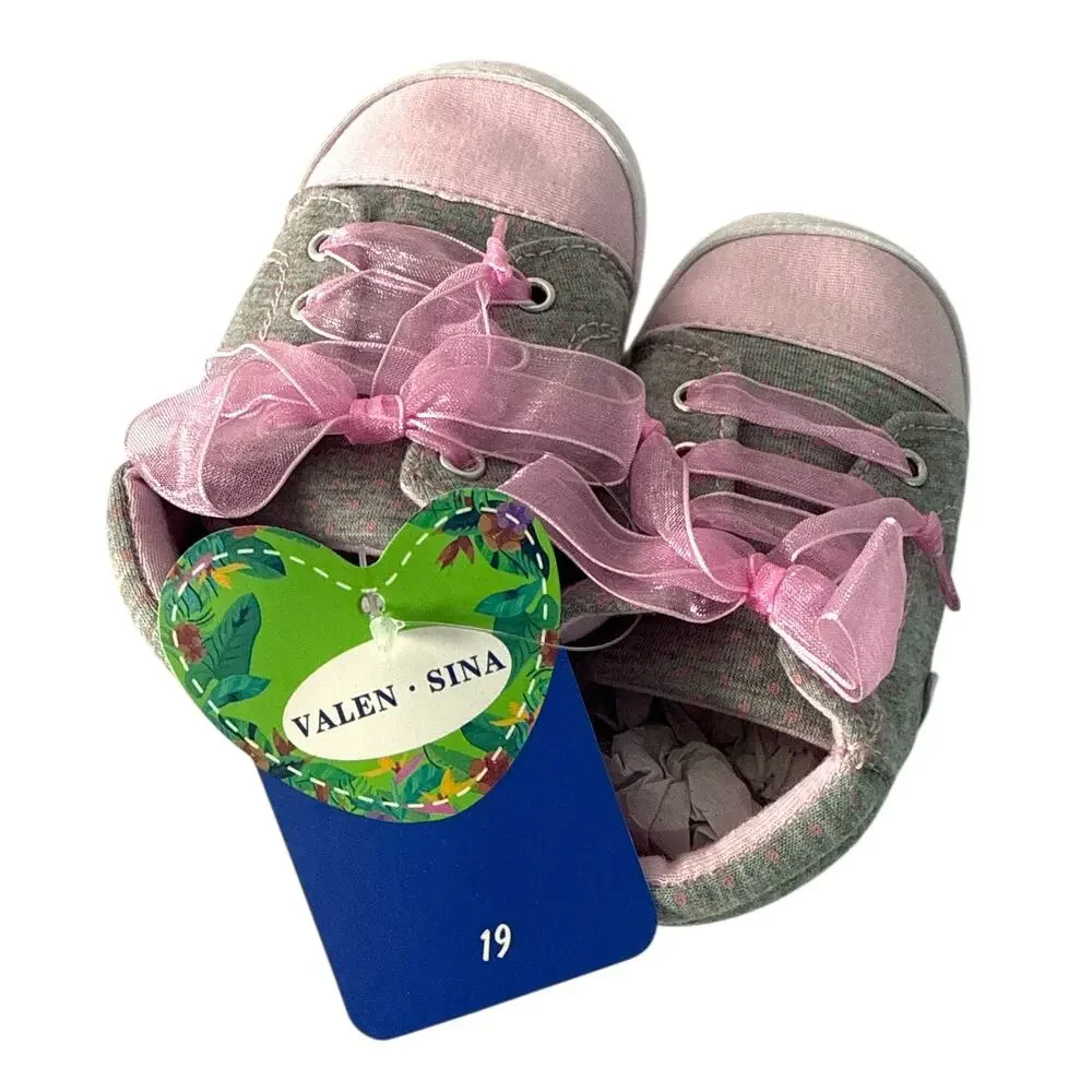 Baby Soft Bottom Shoes Pink Grey Polka Dot Crib Sneakers Size 19 NEW
